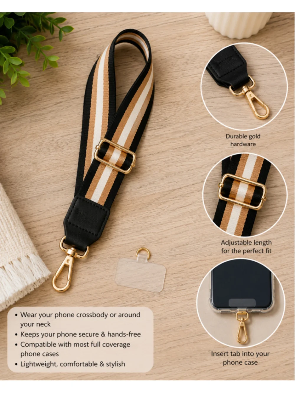 Adjustable Crossbody Phone Lanyard Strap with Tether Tab | Black Tan Ivory